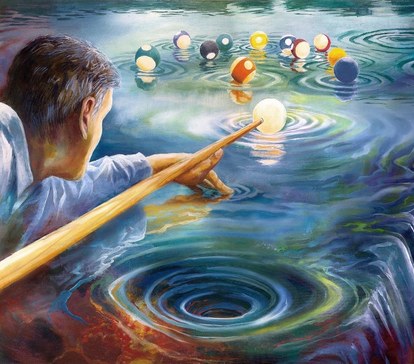 A painting of a man leaning out over a lake to line up his shot, billiard balls floating on the water.